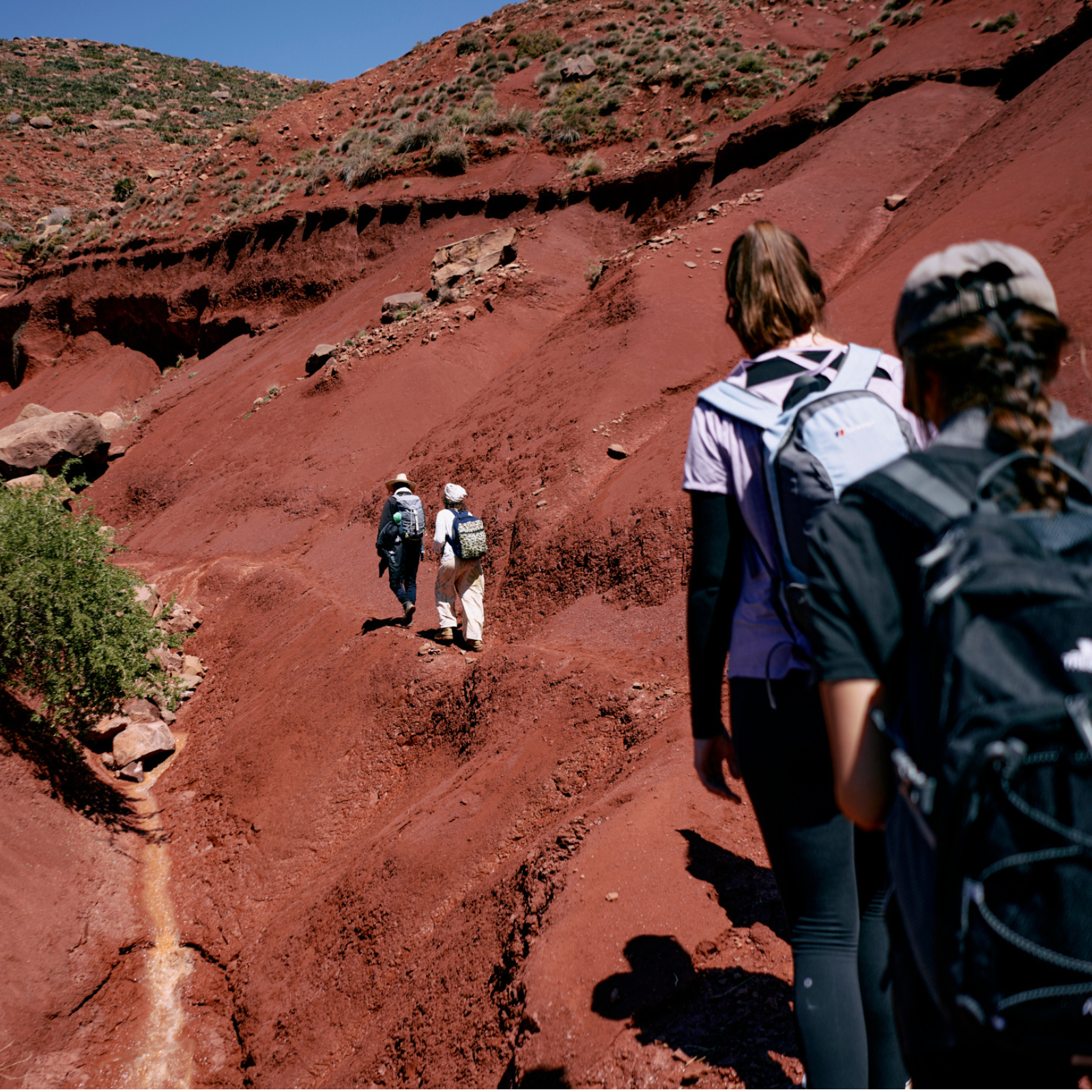 people walking through a trek path between red mountains