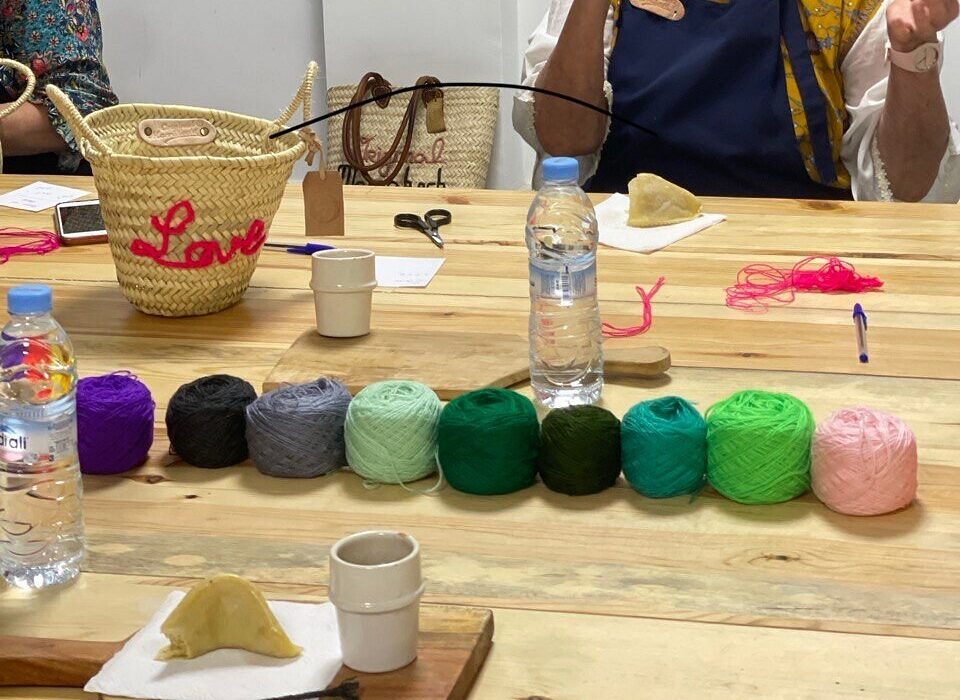 embroidered basket and different colored yarns